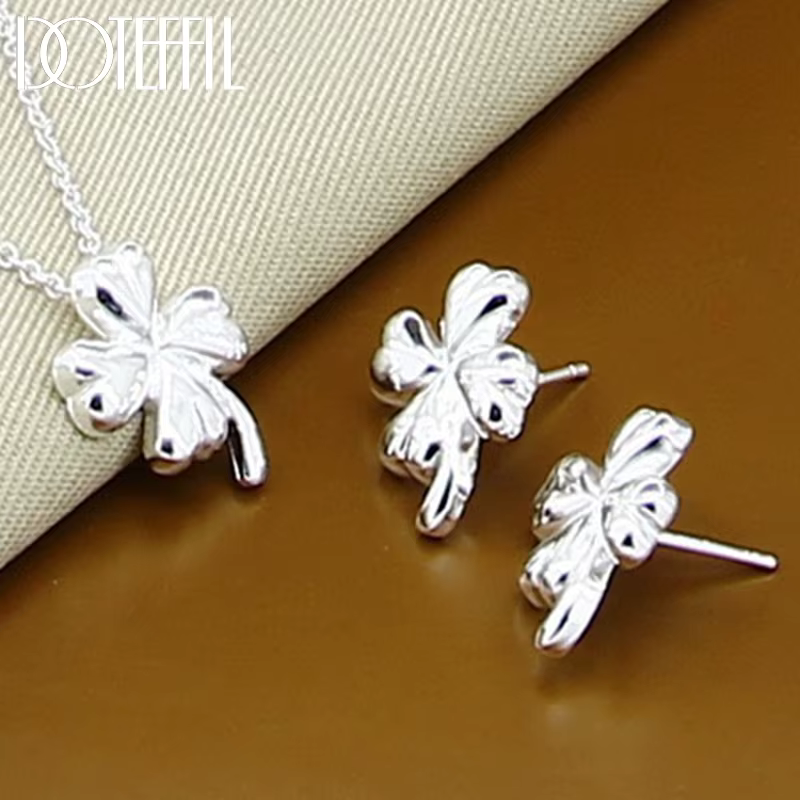 DOTEFFIL 925 en argent Sterling trèfle fleur collier boucles d'oreilles pour mode femme charme bijou