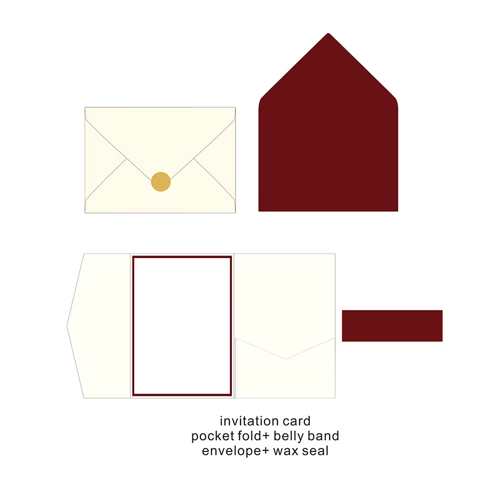 Suite d'invitation de mariage personnalisable bordeaux ivoire - Sceau et enveloppes de cire haut de