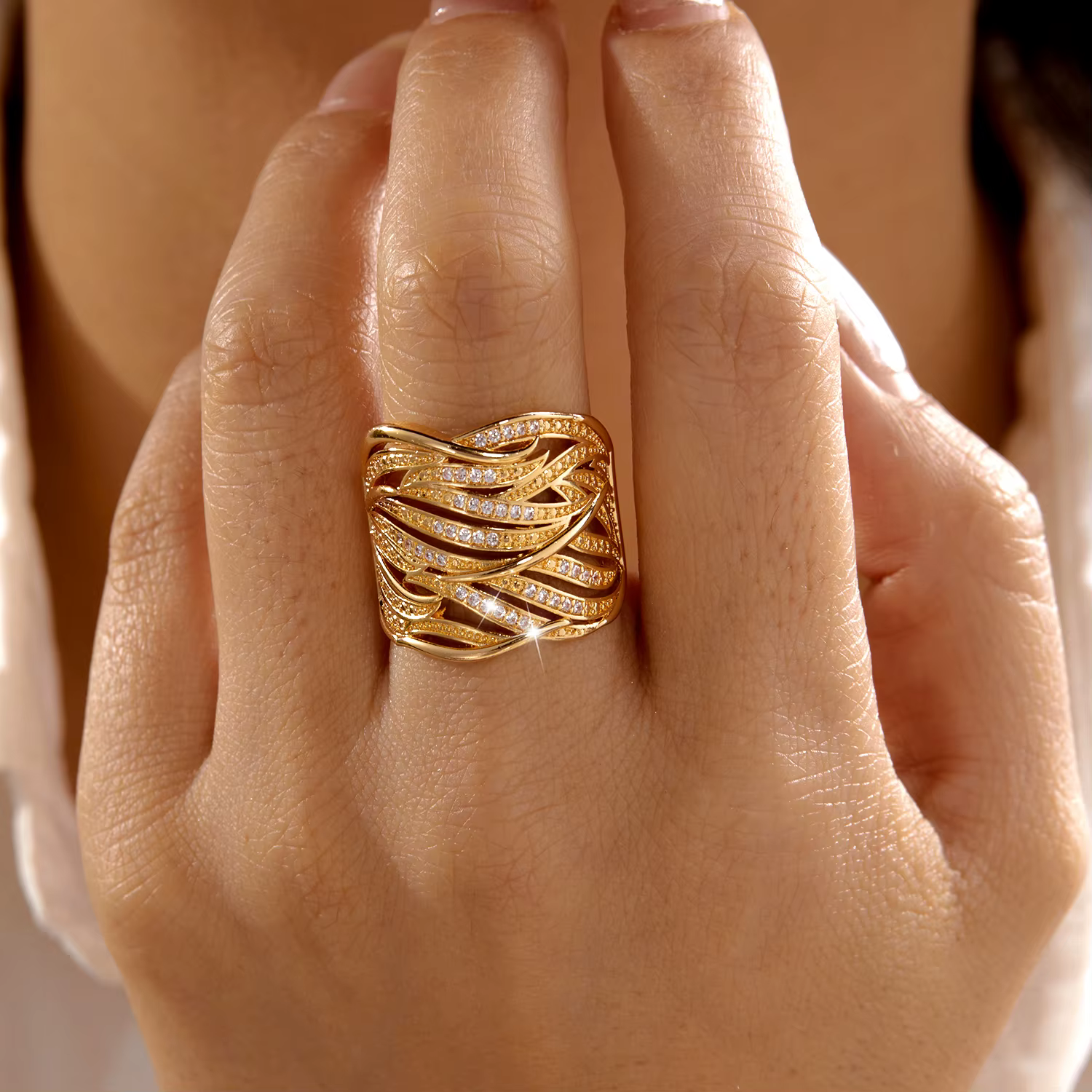 Bague géométrique tressée en fil de métal pour femme, en laiton et zircon, filigrane complexe, large
