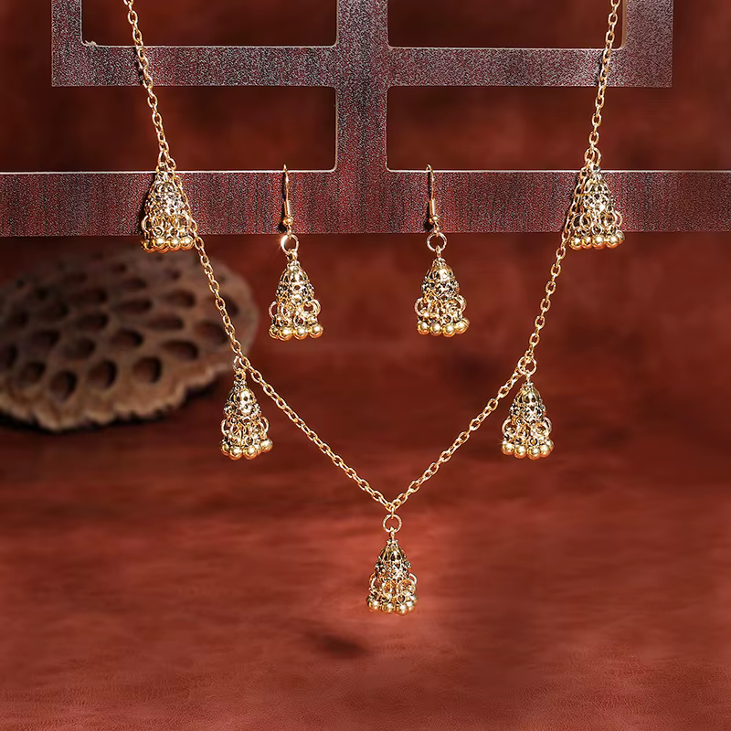 Ensemble de bijoux de mariage indien Vintage pour femmes, couleur or, cloches sculptées, collier et 