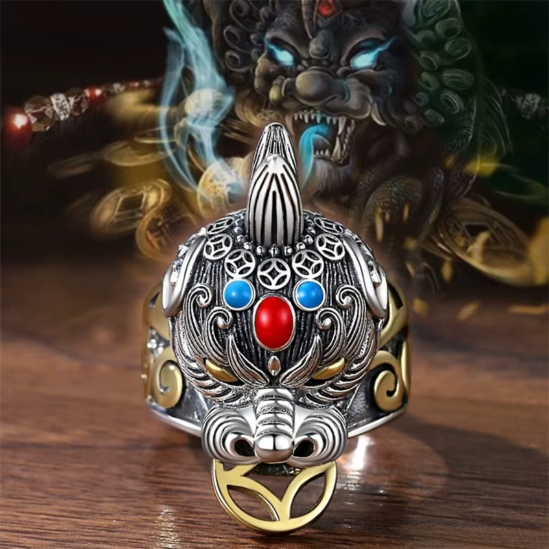 Bague Pixiu de la Bête Divine de la Richesse Rétro pour Homme, Bijoux de Mode, Personnalité, Ouvertu