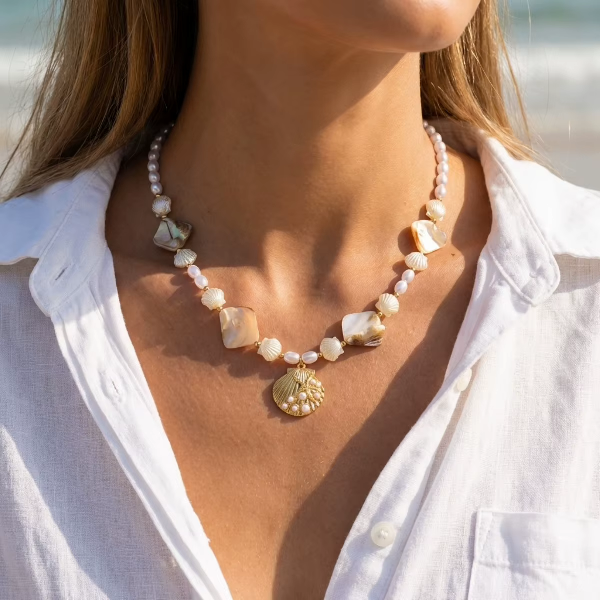 Collier en résine coquillage métallique et pierres concassées de corail pour femmes et hommes, style