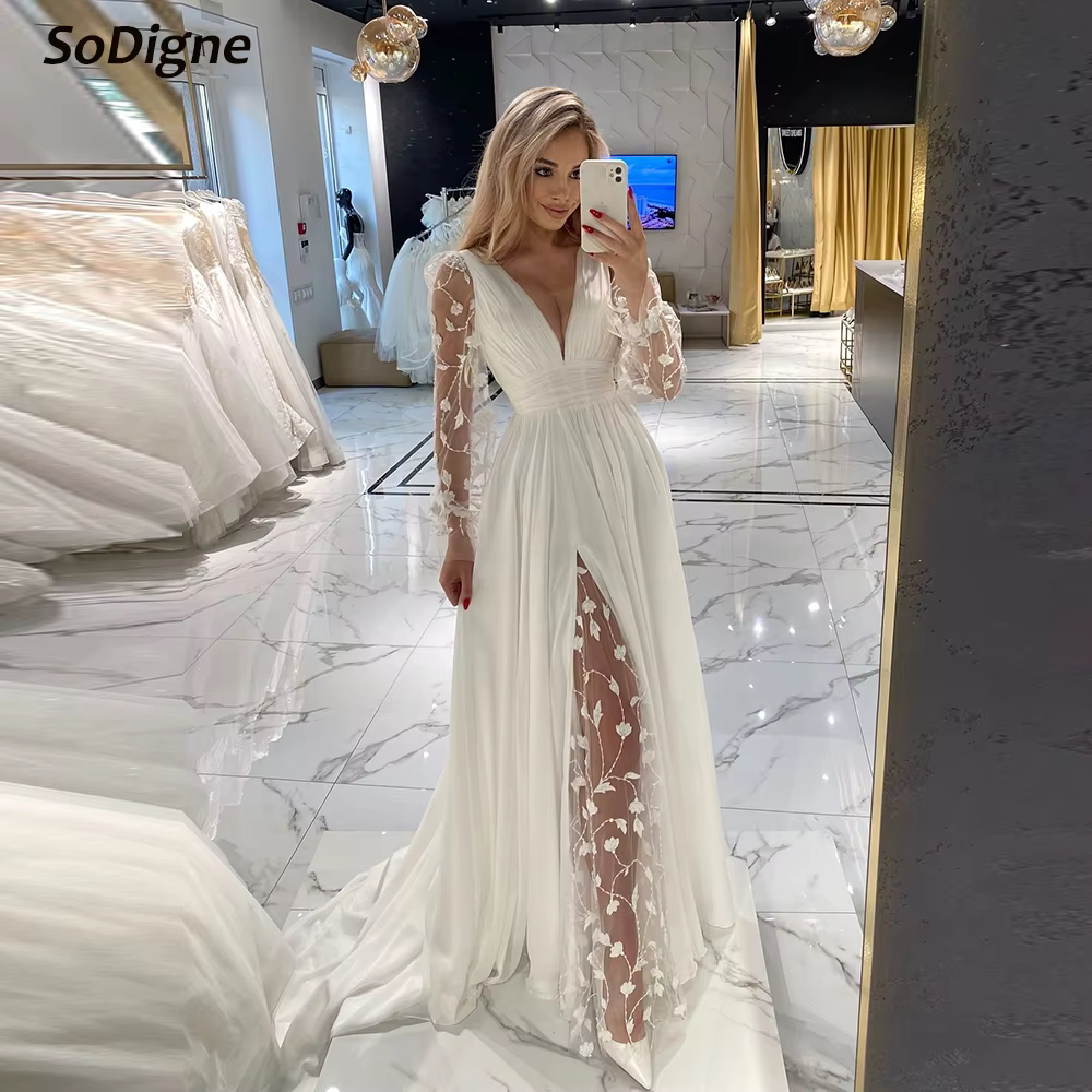 SoDigne a-ligne robes de mariée en mousseline de soie manches longues col en v Appliques robe de mar