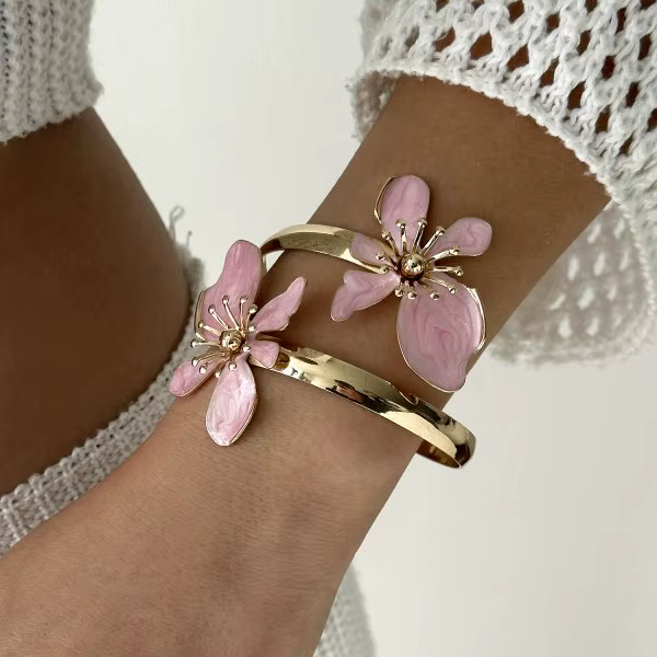 Bracelet manchette bohème chic 3D floral pour femme, jonc ouvert épais couleur or, réglable, bijoux 