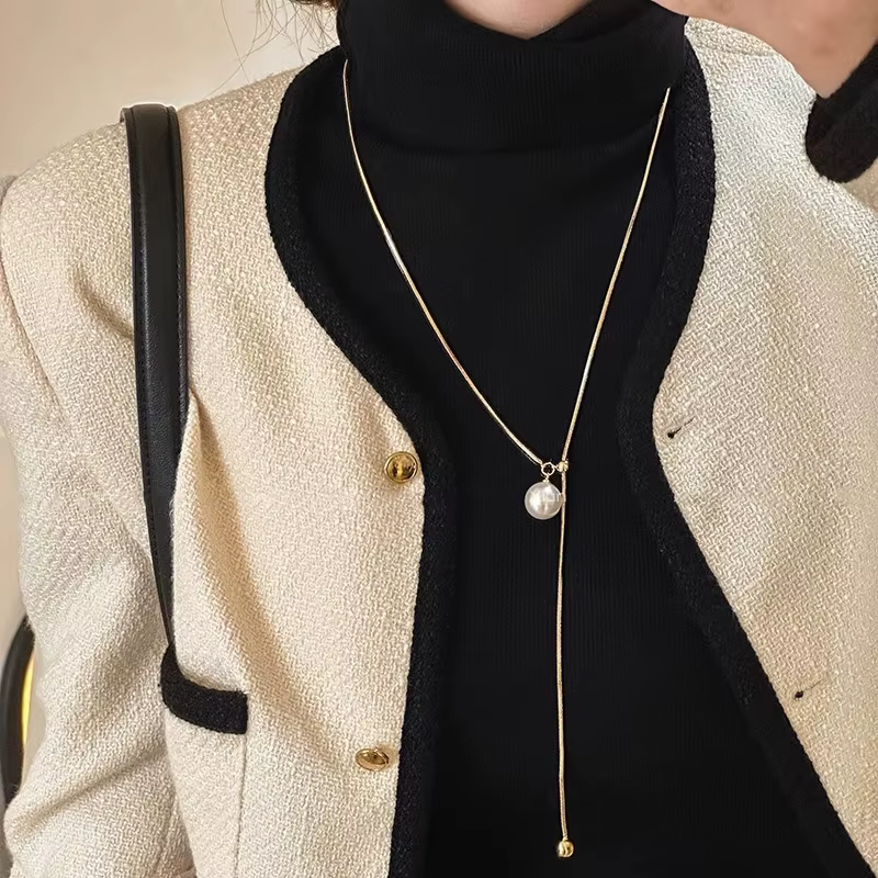 LATS – collier Long en acier inoxydable avec perles baroques pour femmes, chaîne réglable, accessoir