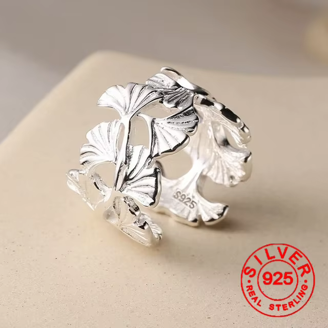 BF CLUB – bagues Ginkgo biloba couleur argent pour femmes, bague de fiançailles, de mariage, Vintage