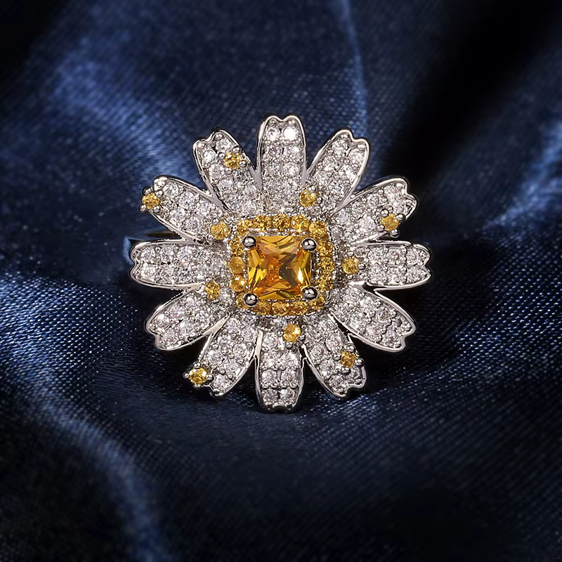 Bague de luxe en argent 925 pour femmes, élégante, petite marguerite, fleur, tournesol, jaune, bijou