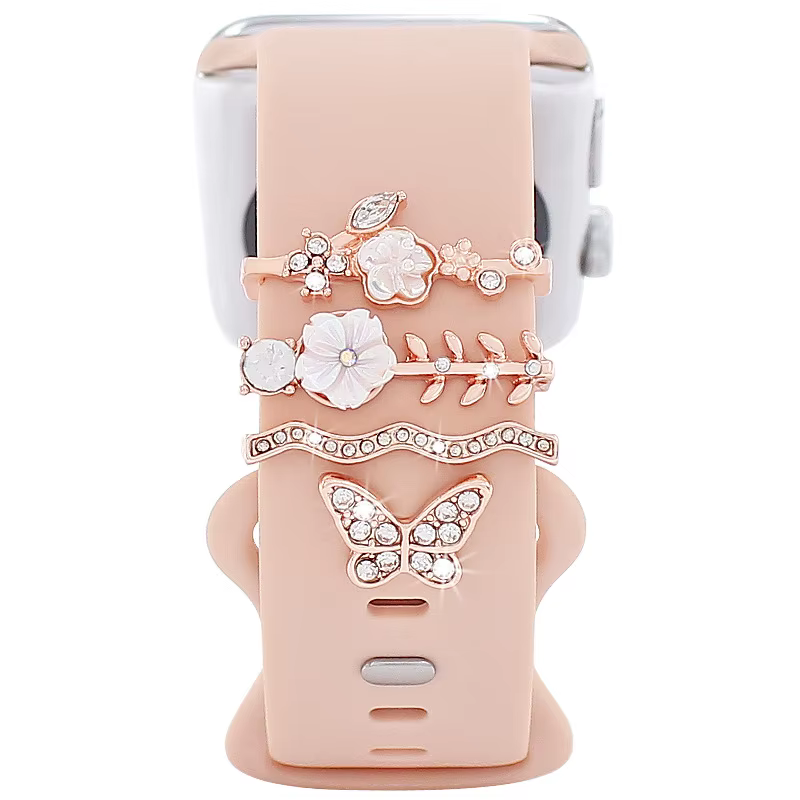 Anneau décoratif en silicone pour bracelet Apple Watch, fleur scintillante, papillon, breloques en m