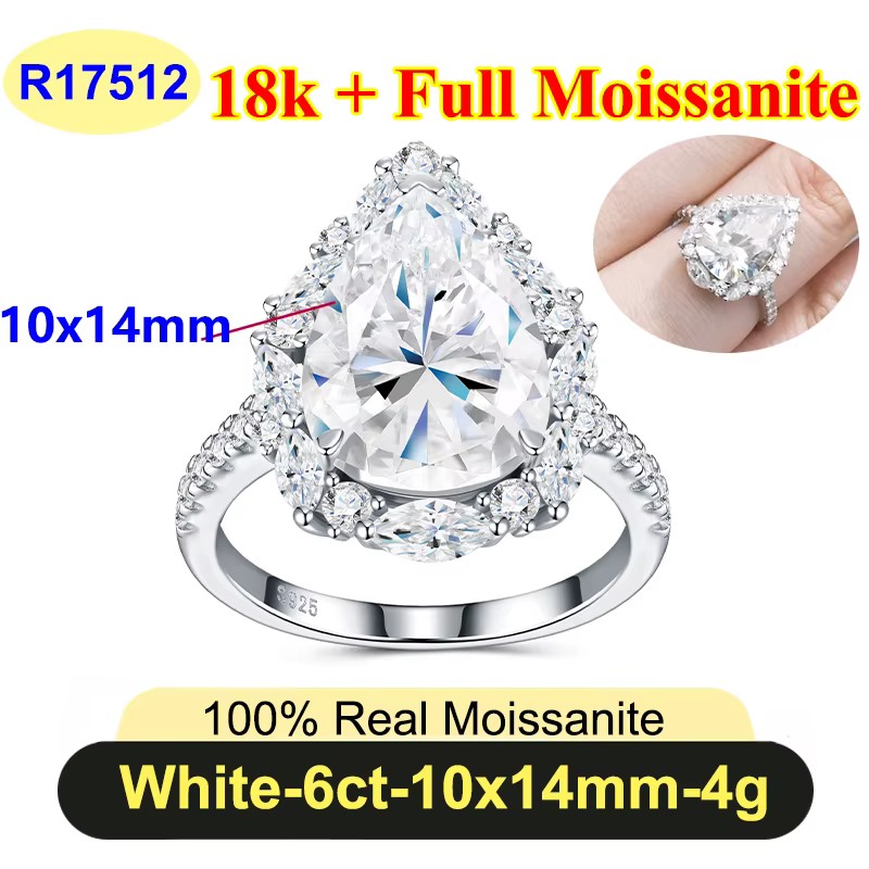 Bague PureNew 6ct en moissanite taille poire pour femme, plaqué argent 925, couleur D 18k, qualité s