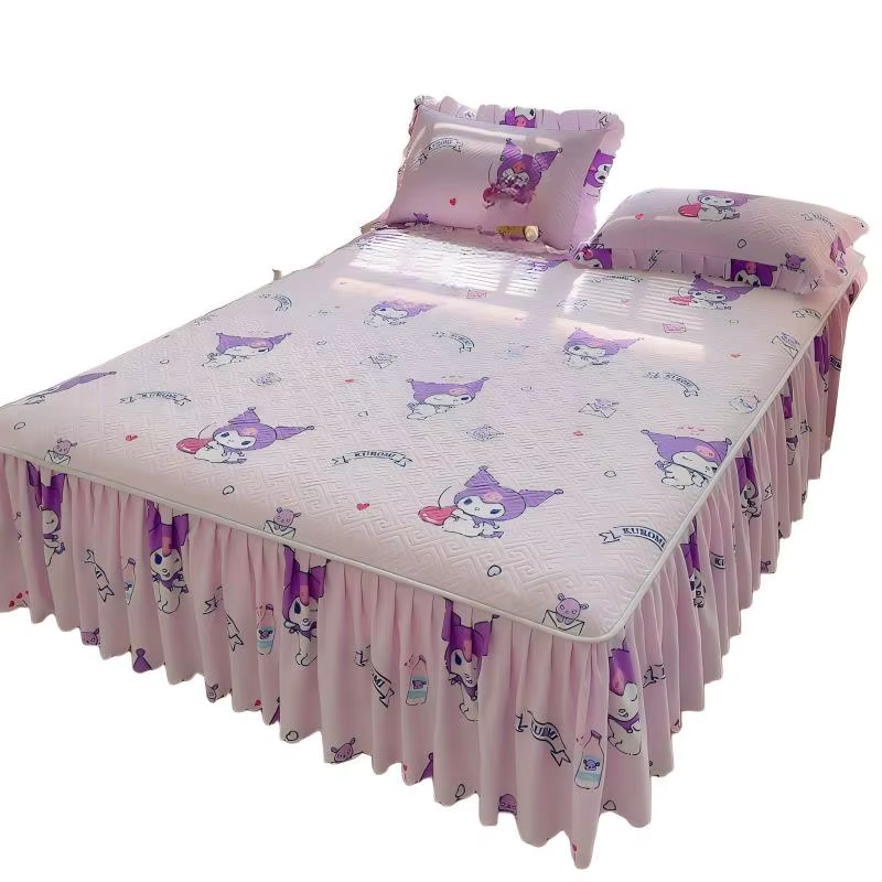 Parure de lit Sanrio Cartoon Kuromi My Melody, style princesse, jupe de lit mignonne et confortable,