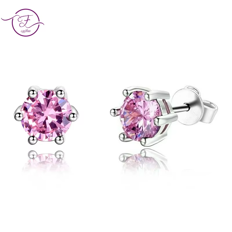 Clous d'oreilles en argent pour femmes, bijoux fins ronds en Zircon rose AAAAA, cadeau d'anniversair