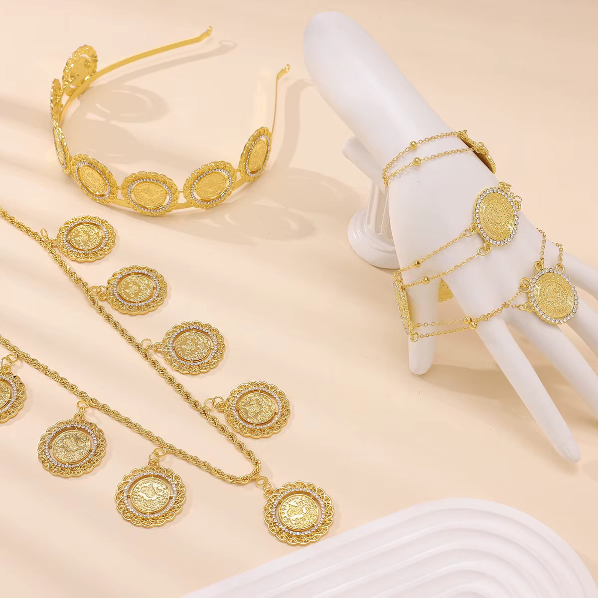 Ensemble de bijoux de mariée dorée, style cour française, collier, bracelet, couronne, vêtements mag