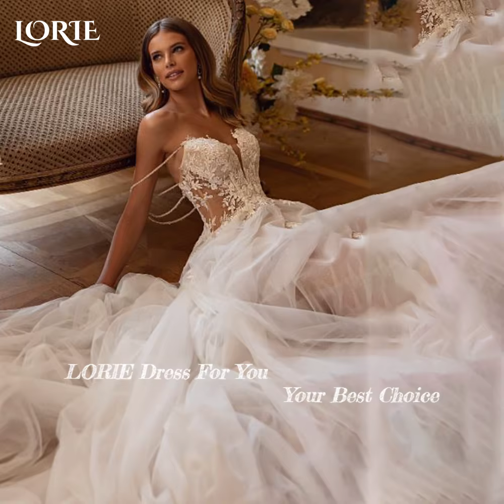 LORIE-Robe de Mariée à Fleurs Brillantes, Ligne A, Dentelle Appliquée, Fente Latérale, pour Patients