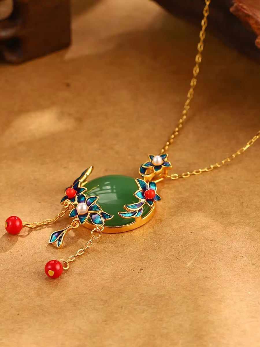 Collier pendentif floral vintage en émail cloisonné pour femme, plaqué or, avec perles rondes en aga