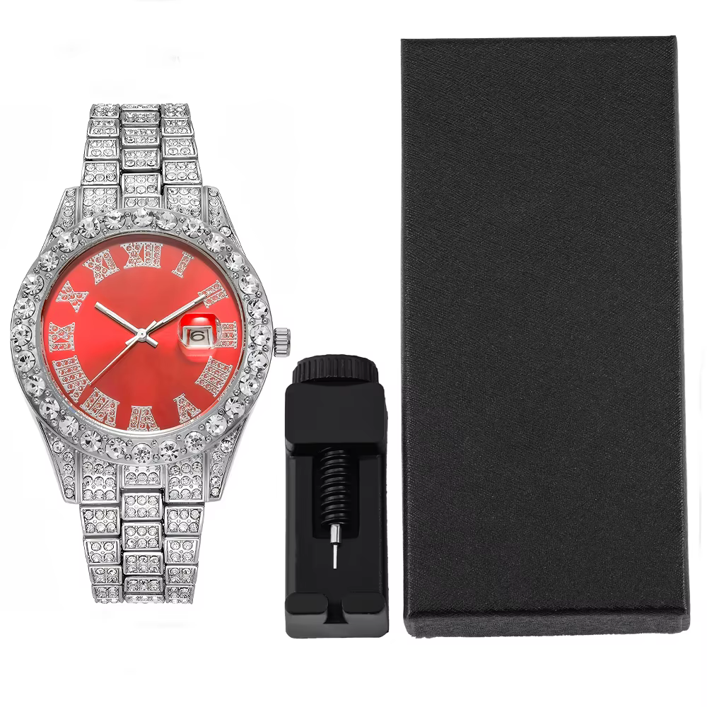 Montre ronde Hip Hop Punk pour hommes et femmes, 2 pièces, bijoux de luxe brillants, cadeau avec aju