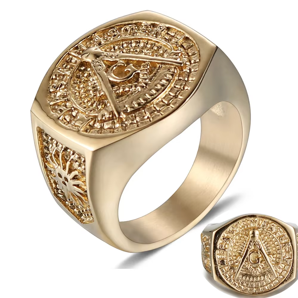 Bague en acier inoxydable plaqué or pour hommes, étanche, antirouille des deux côtés, motif soleil, 