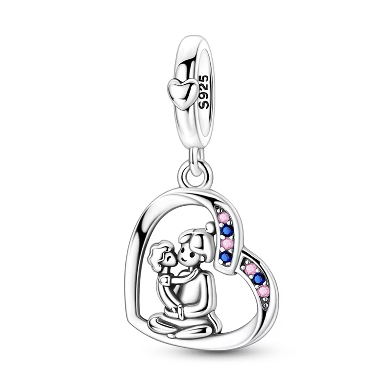 Breloque Cœur Mère et Enfant en Argent Sterling 925 avec Pierres CZ Roses et Bleues, Perle Maman et 