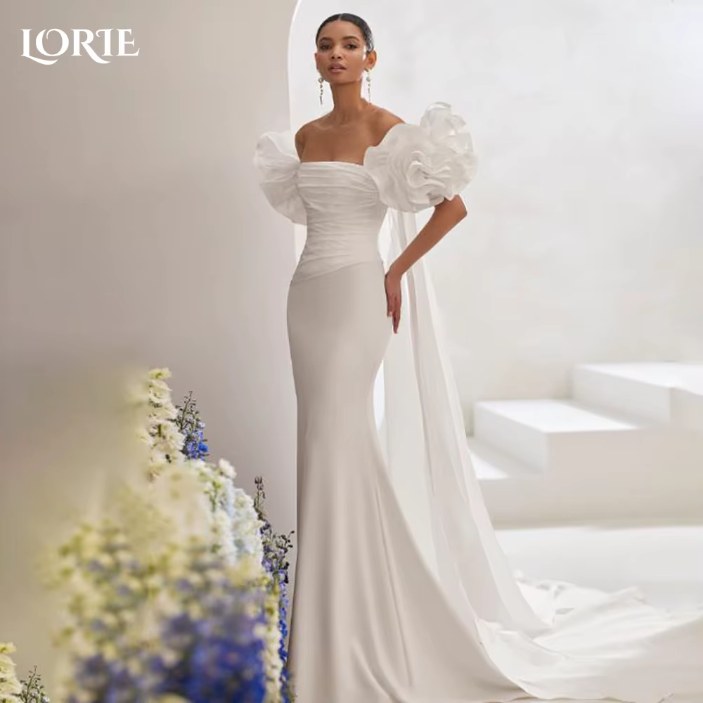 LORIE robes de mariée Vintage fleur 3D épaules dénudées brillant Satin a-ligne ivoire robe de mariée