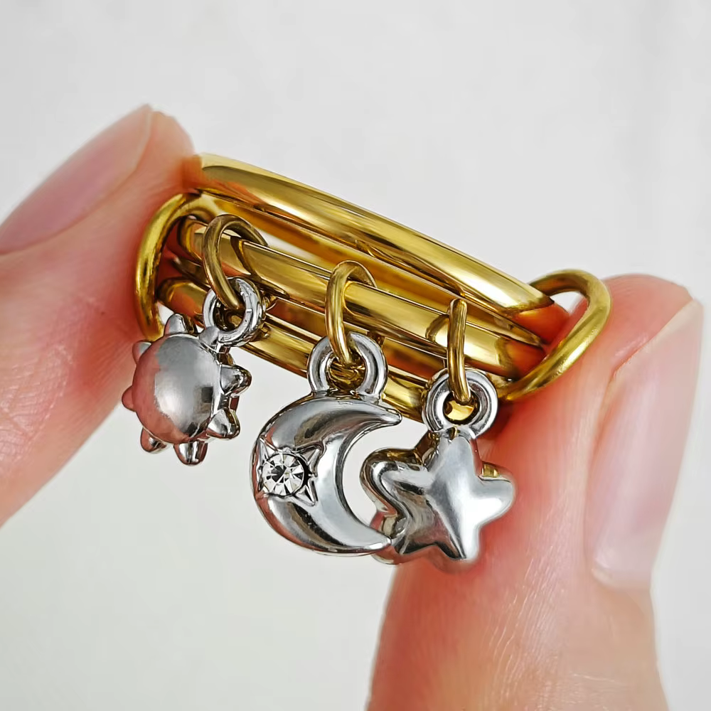 Ensemble de bagues pendantes lune, soleil et étoile pour femmes, charme romantique, couleur or, acie
