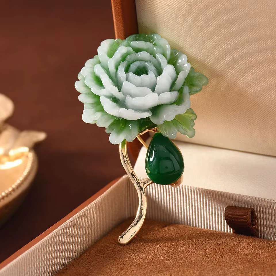 Broches Vintage en résine verte, fleur de pivoine, pour femmes et hommes, élégantes, en cristal, pla