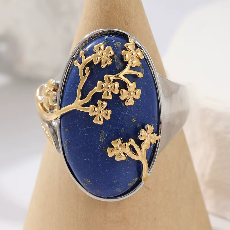 Bague Turquoise synthétique ovale rétro Unique, bague d'art au Design Floral doré, accessoire de bij