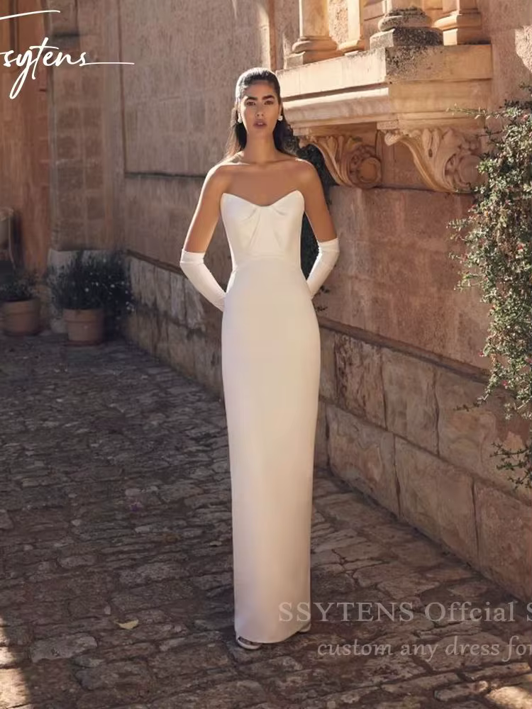 SSYTENS Robes de mariée simples à col en V pour femmes, en satin, avec manches plissées et dos ouver