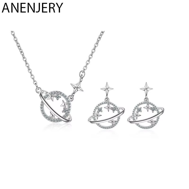 ANENJERY – ensemble collier et boucles d'oreilles en Zircon cubique pour femme, couleur argent, bijo