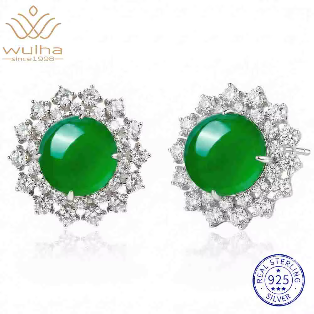 WUIHA 925 argent Sterling naturel Jade diamants à haute teneur en carbone pierres précieuses boucles