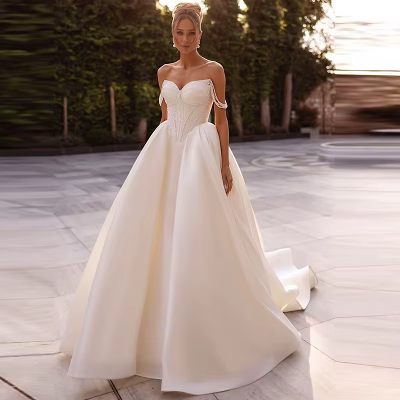 Robe De mariée exquise en Satin complet avec perles, sans manches, sans bretelles, personnalisée, à
