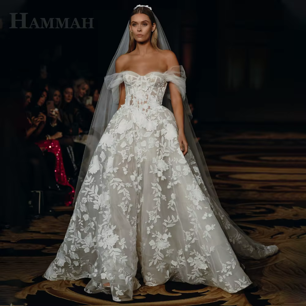 HAMMAH élégant hors De l'épaule robe De mariée pour les femmes chérie Tulle dentelle Appliques a-lig