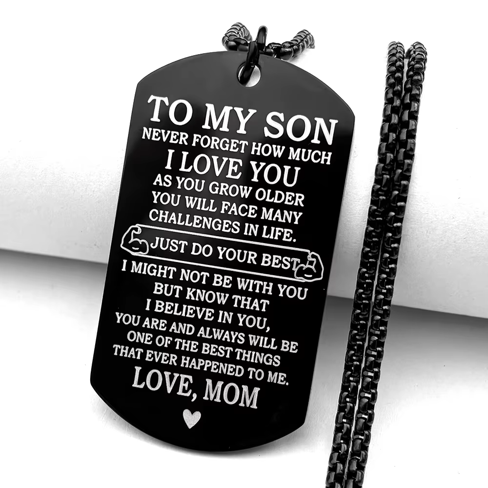 Collier avec pendentif en acier inoxydable noir avec citation inspirante « À mon fils », cadeau de g