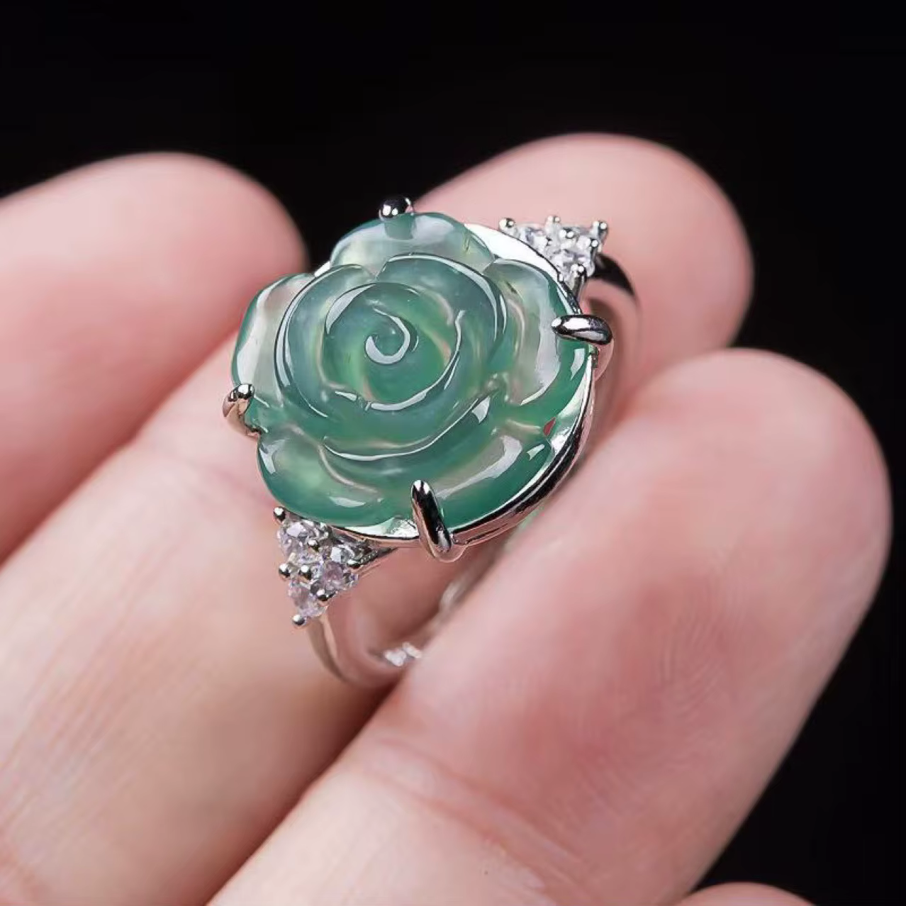 Myanmar jadéite Rose anneaux charme 925 argent naturel bijoux mode Vintage Talismans sculpté pierre 