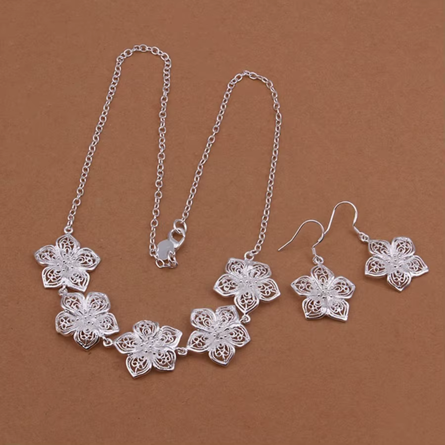 Bijoux de mariage couleur argent, breloque, pendentif fleur creuse, collier, boucles d'oreilles, mod