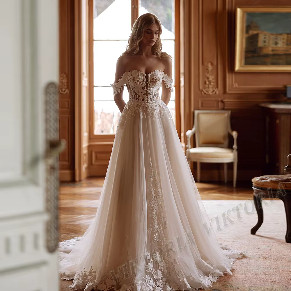 VIKTORIA-Robes de mariée A-LINE pour femmes, robes de mariée, appliques en tulle, sur mesure