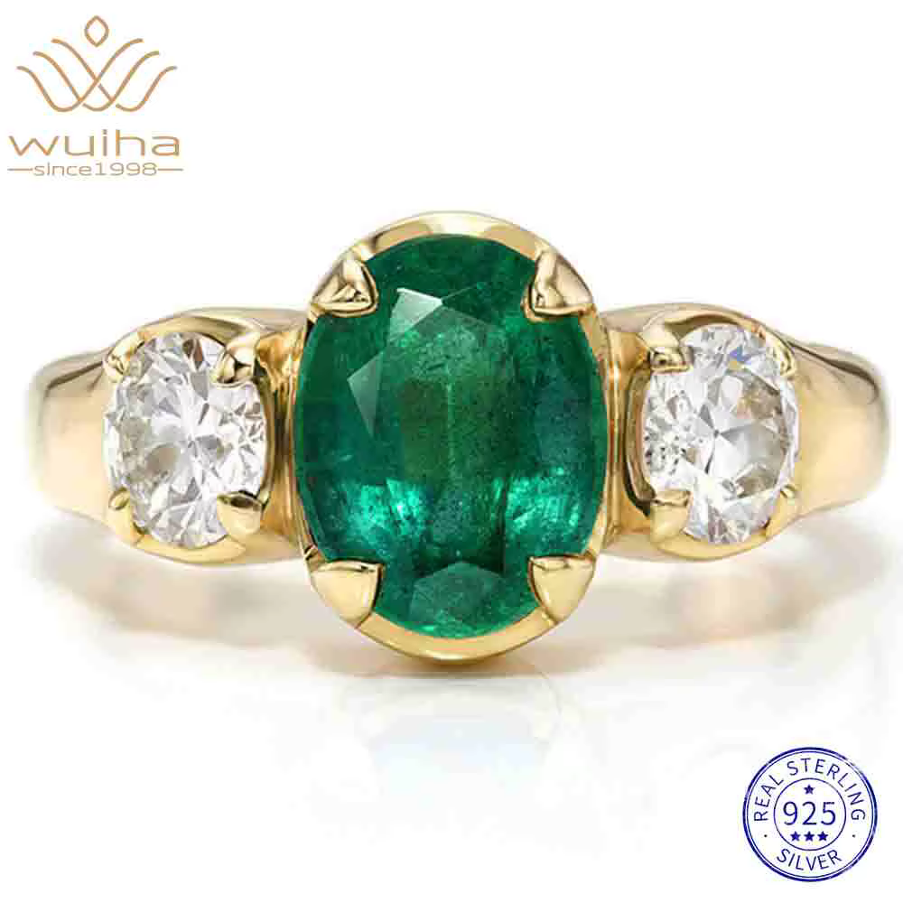 WUIHA – bague de fiançailles en argent Sterling 100% 925, 7x9 MM, coupe ovale, émeraude GRA, diamant
