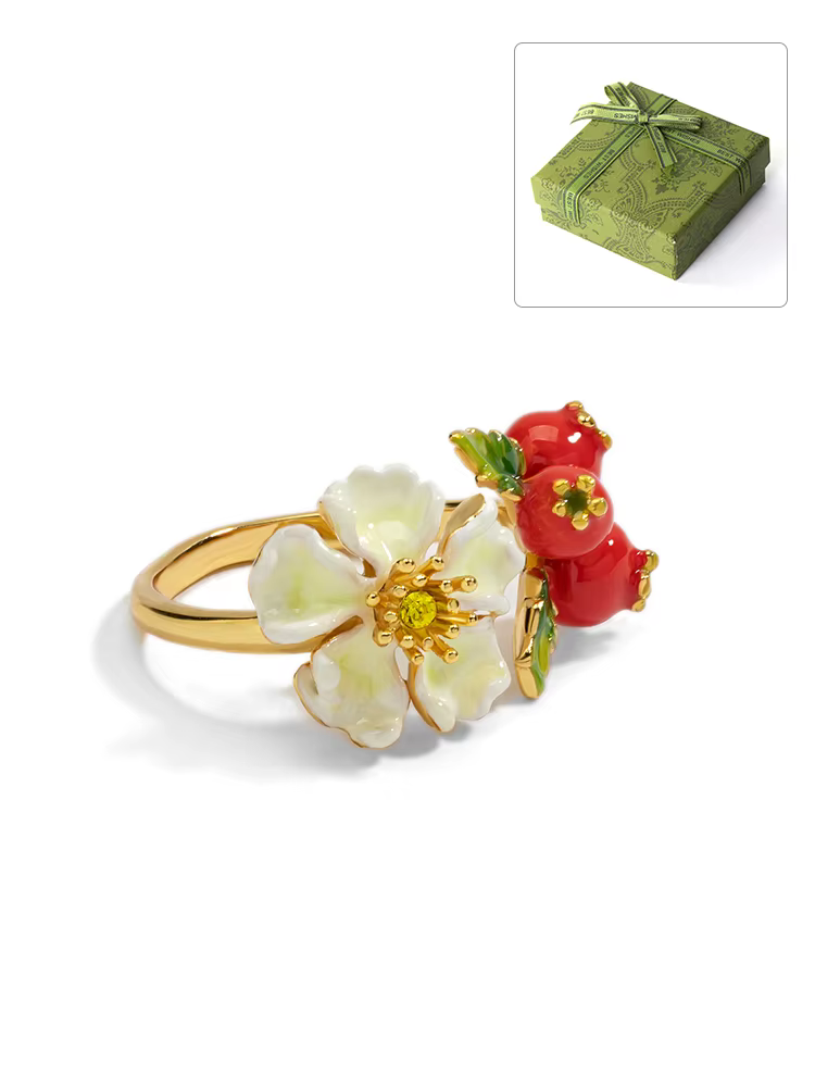 Bagues de luxe en émail pour femmes, anneau réglable en forme de fleur d'aubépine et de fruits, plaq