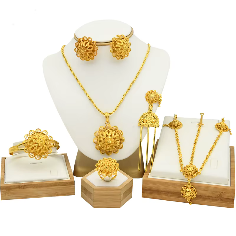 Ensemble de bijoux plaqué or 24 carats éthiopien, 6 pièces, pour femme, Dubaï, africain, indien, gra