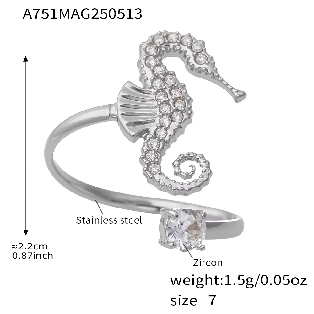 Bagues sur le thème de l'océan en acier inoxydable plaqué or 18 carats avec Zircon brillant, hippoca