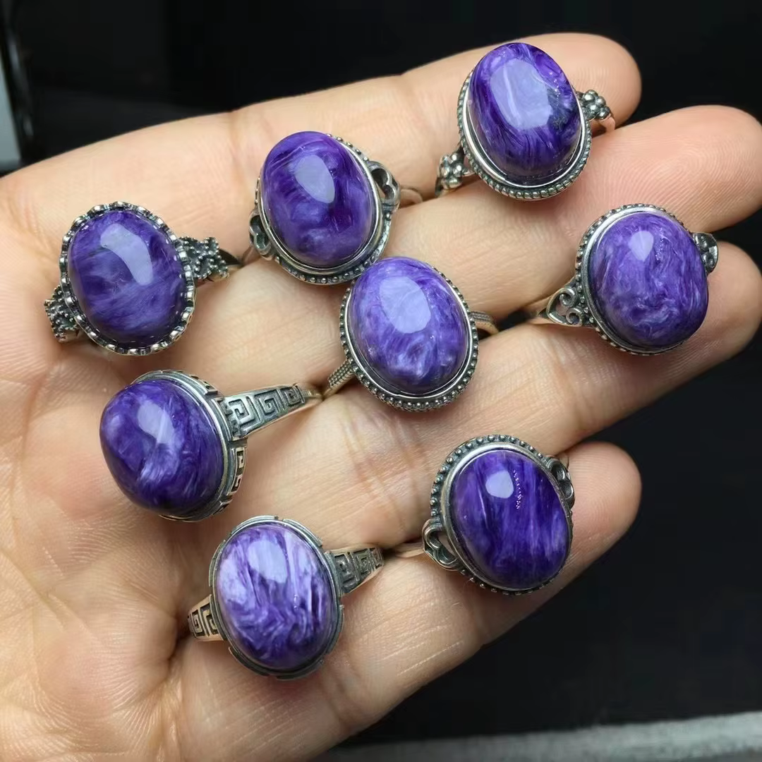 Bague de guérison en argent 925, cristal de charoite naturelle, forme aléatoire, cadeau de bijoux, u
