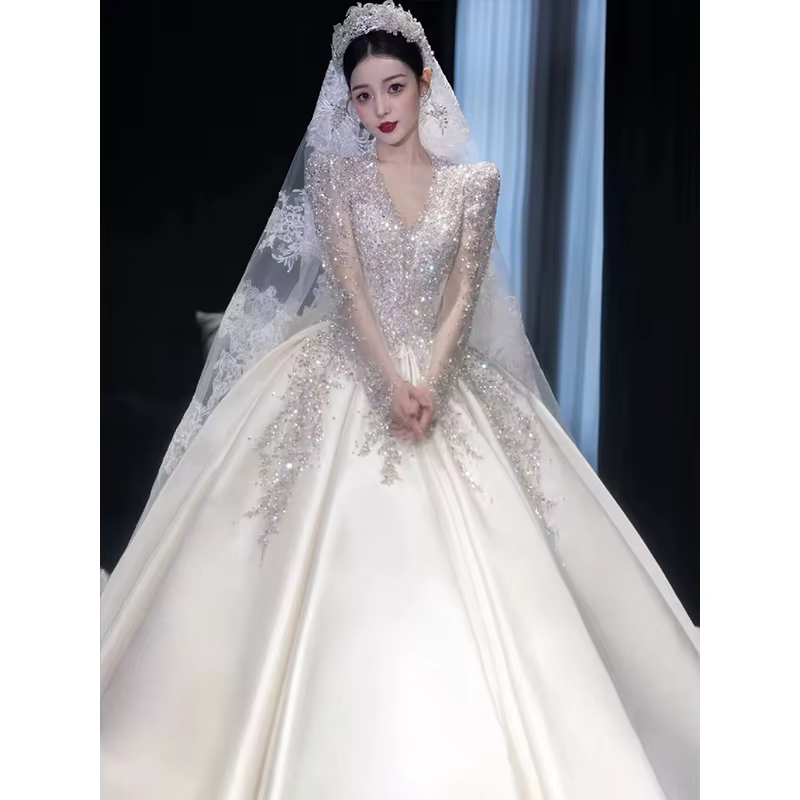 Robe de Mariée en Satin Français observateur, Col en V, Rétro, Haut de Gamme, Manches sulf, Style Pa