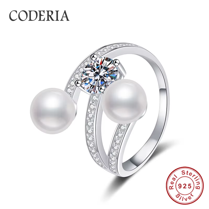 Bague en argent 1CT avec perles Moissanite S925, cadeau d'anniversaire pour femme, taille réglable, 