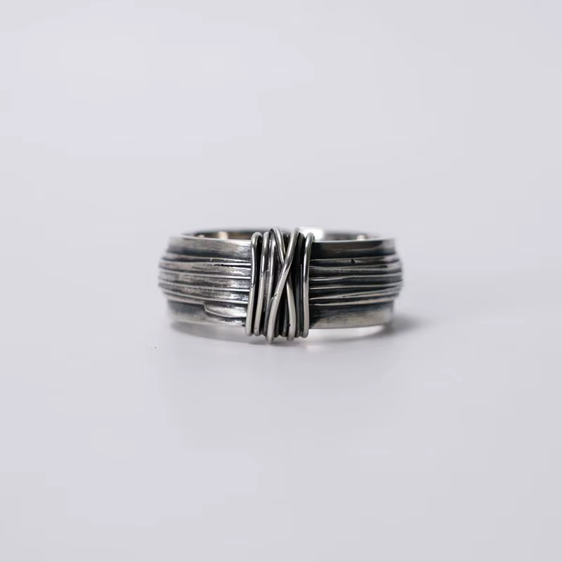 Bague en corde attachée vintage pour hommes et femmes, conception de nœud enroulé ouvert réglable, b