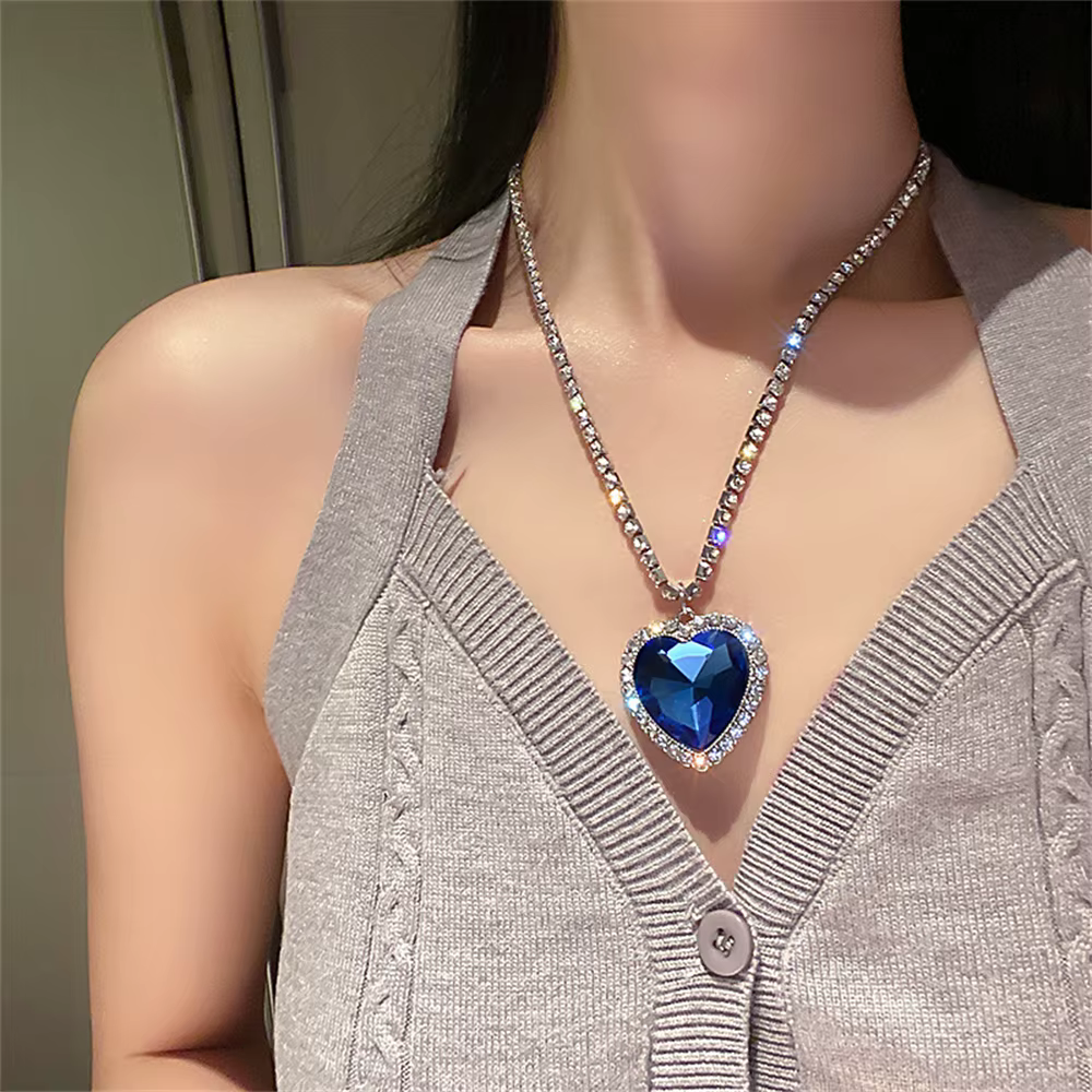 Colliers en forme de cœur bleu océan pour femmes, longue chaîne en cristal strass, bijoux d'amour ét