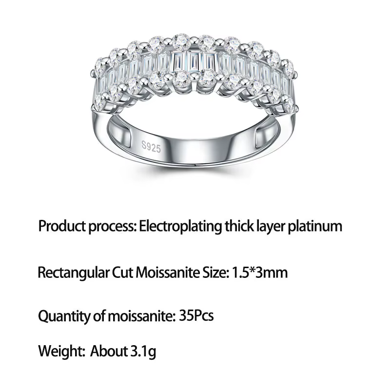 Bague en argent sterling S925 LinkerLove avec moissanite taille baguette, plaqué or blanc, demi-alli