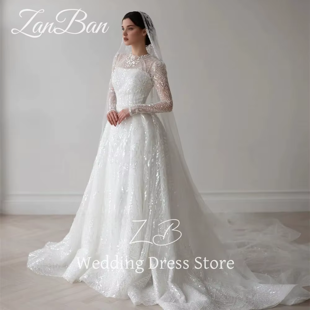 ZanBan luxe dentelle perles une ligne robe de mariée manches longues col rond robe de mariée longueu