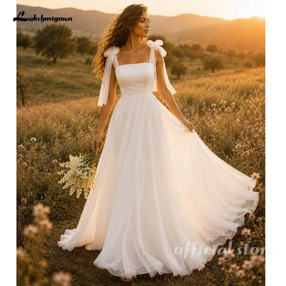 Lakshmigown – robes de mariée en satin et organza, en Tulle, avec bretelles à nœud, à lacets dans le