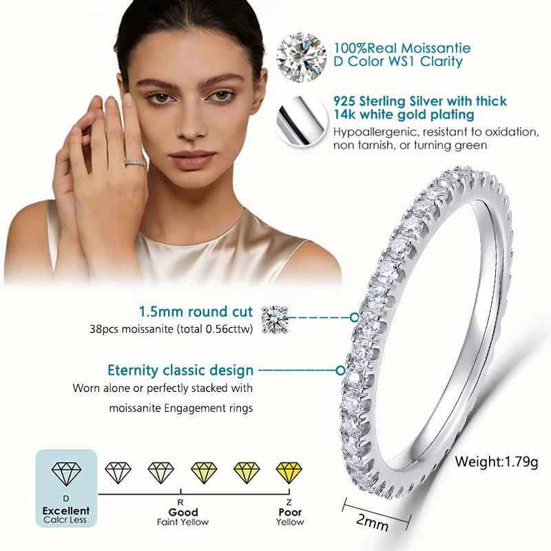 ALLNOEL 2mm bague Moissanite complète pour femmes couleur D VVS1 femme bague à queue unique 925 bagu