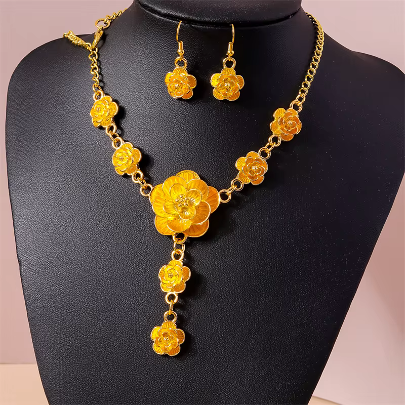 Ensemble collier et boucles d'oreilles avec pendentif fleur pour femme, bijoux élégants pour patient