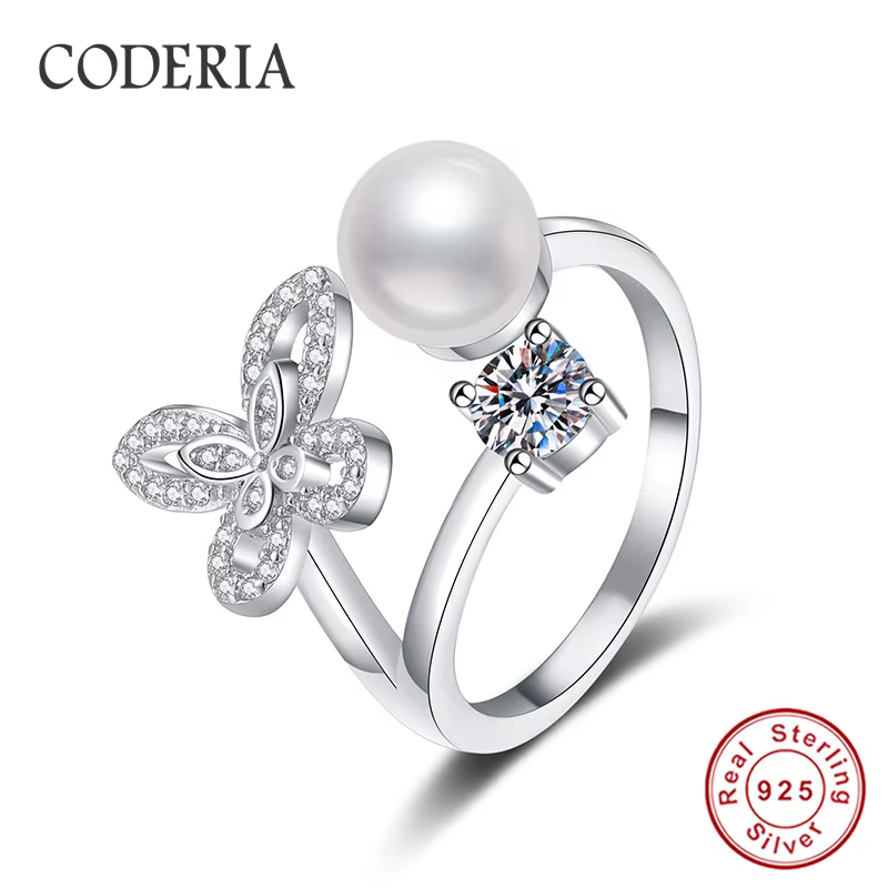 Bague Moissanite en argent S925 pour femme, perle d'eau douce naturelle, taille papillon, anneaux ré