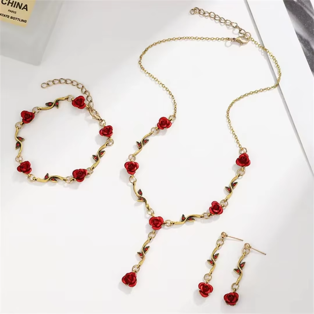 Boucles d'oreilles romantiques en forme de Rose pour fille française, Bracelet à fleurs rouges, ense